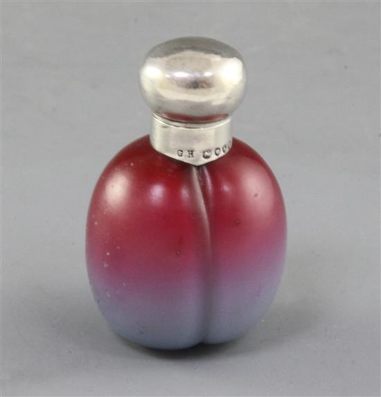 A novelty silver mounted Victoria plum glass scent bottle, height 6.4cm